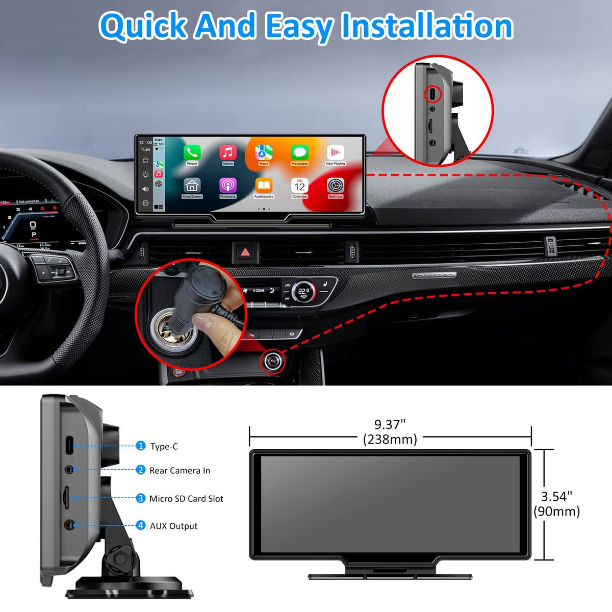 Ottoscreen Portable 10" Apple CarPlay & Android Auto Car Display Screen